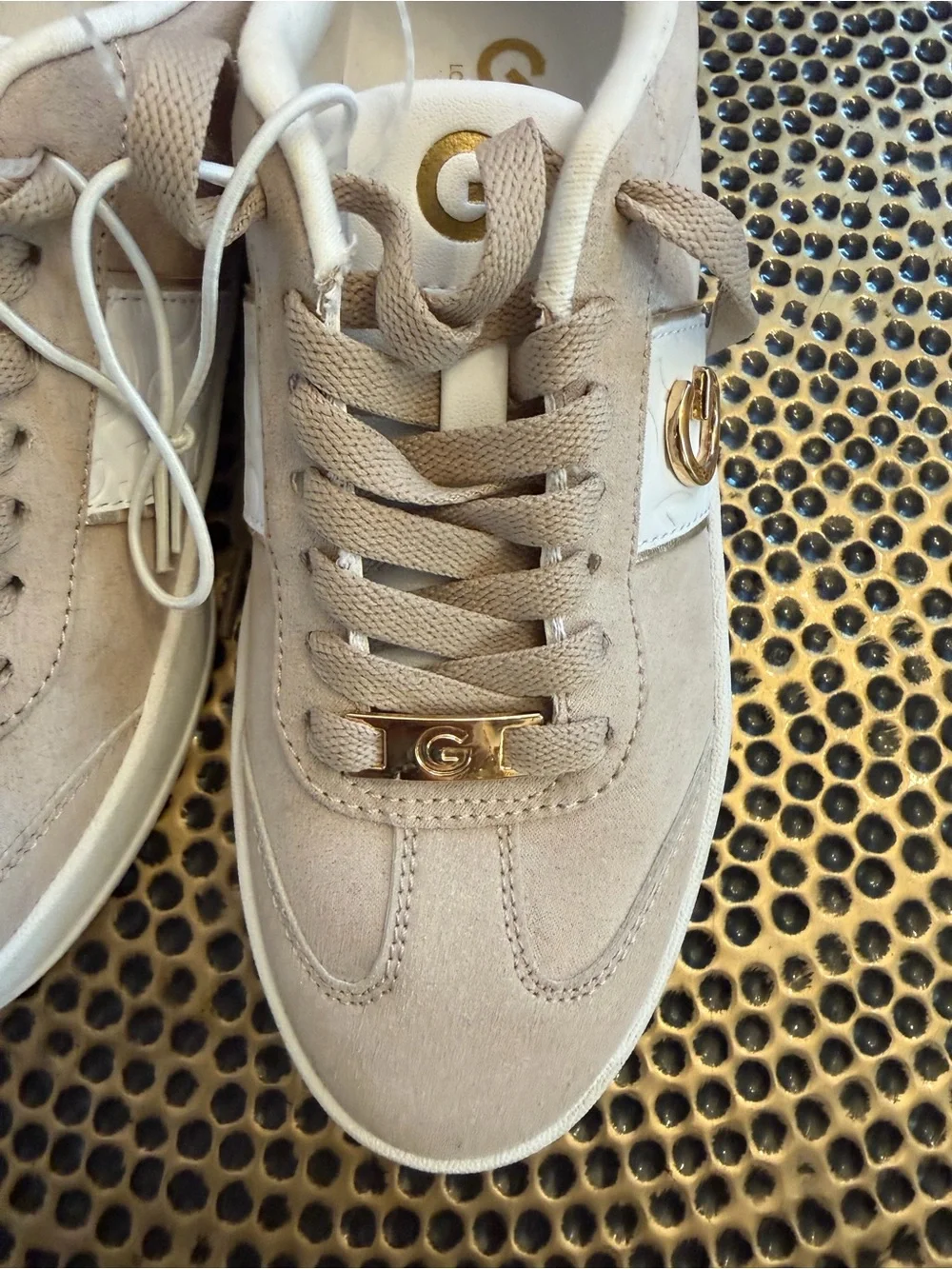 GBG Taupe Suede Low-Top Sneakers with Gold Accents